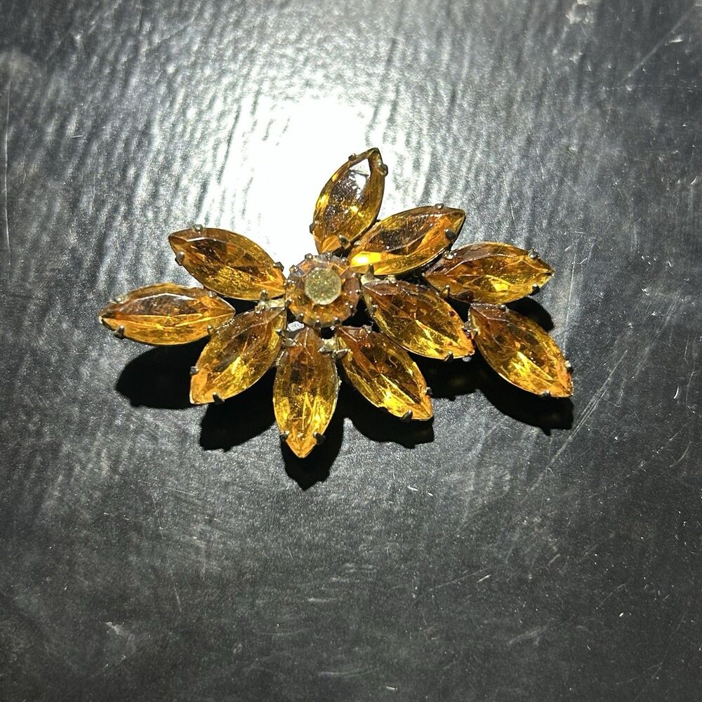 Vintage Rhinestones Pin Brooch Topaz Color Flower Marquise All Prong Set Stones